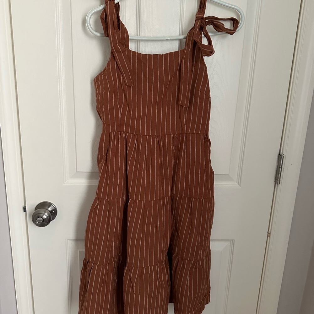 Brown Striped shoulder tie Dress